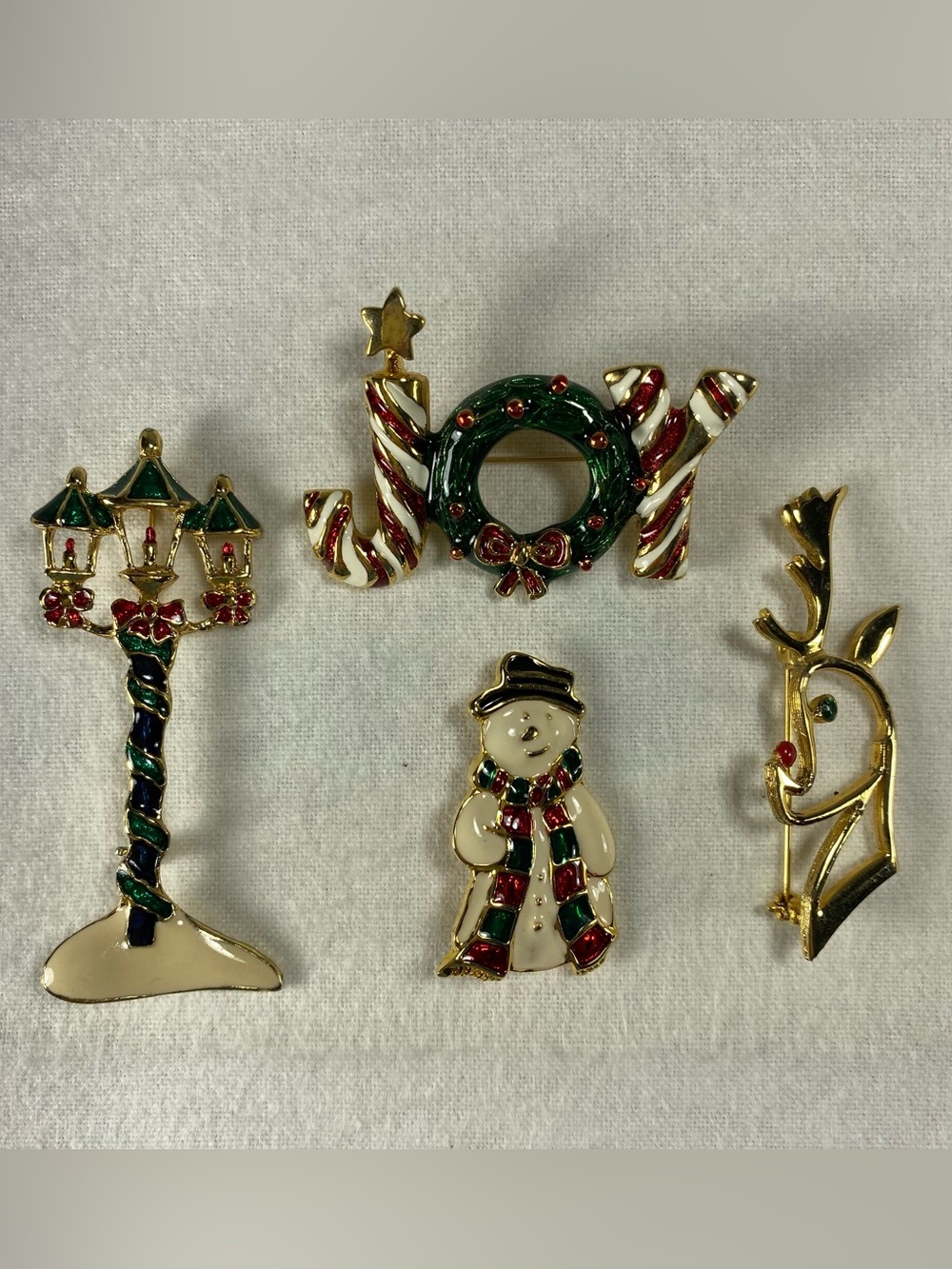 Set of 4 Holiday Enamel Pins Brooches- JOY Wreath, Snowman, Reindeer, Lamp Post